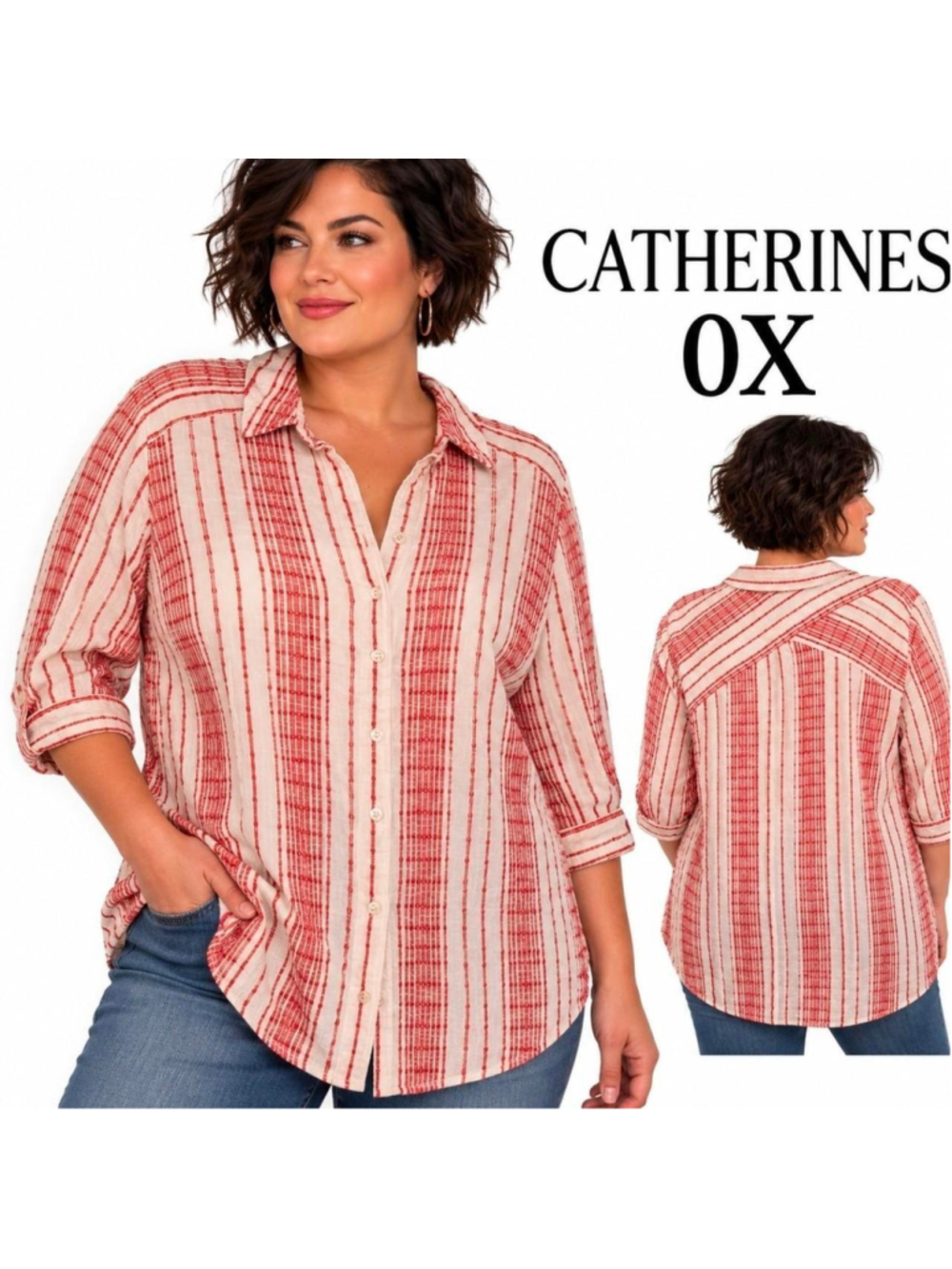 Catherines 0X 14/16 plus Red Cream Striped Textured Button Front Blouse Boho